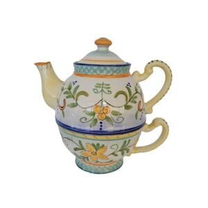 Sonoma Hand Painted Stackable Ceramic Teapot Cup and Saucer Floral Stripe